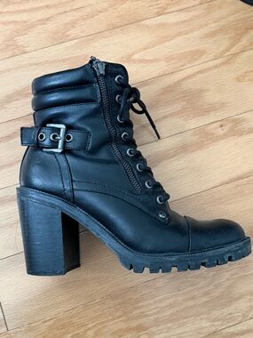 Guess Black Lace-Up Buckle Block Heel Ankle Boot